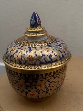 Source Unknown Blue, Gold and White Floral Lidded Ceramic Trinket Jar